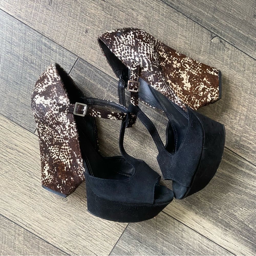 Rachel Zoe Black Suede Animal Print Platform Wedge Heels T-strap Open Toe Sz 11